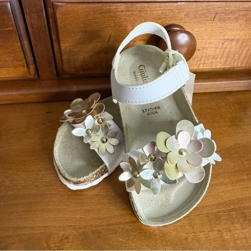 NEW Guilin Palai  White and Gold floral Sandals girls size 7 straps‎ cork